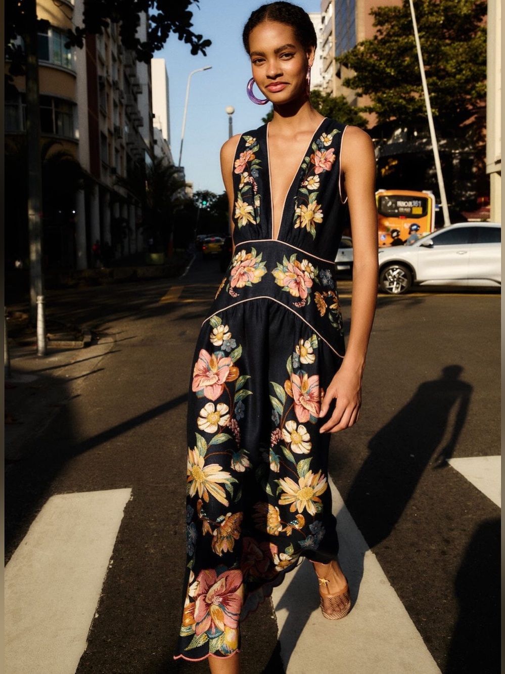 NWT Farm Rio Maira Floral Dark Blue Midi Dress Small